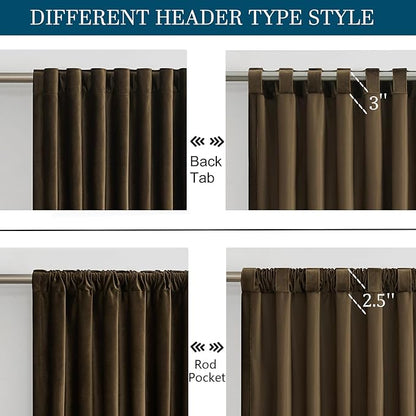 PRIMROSE Brown Velvet Curtains 63 inch Long for Living Room,Set of 2 Panels Blackout Rod Pocket Back Tab Window Treatment Room Darkening Heavy Decorative Curtains Drapes for Bedroom