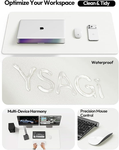 YSAGi Leather Desk Protector, Office Mat, Large Mouse Mat, Non-Slip PU Leather Blotter, Laptop Desk Pad, Waterproof Writing Pad for Office and Home (White, 35.4" x 17")