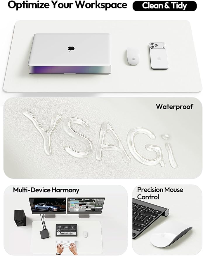 YSAGi Leather Desk Protector, Office Mat, Large Mouse Mat, Non-Slip PU Leather Blotter, Laptop Desk Pad, Waterproof Writing Pad for Office and Home (White, 47.2" x 23.6")