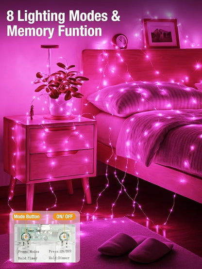 btfarm 4 Pack Fairy Lights Battery Operated with Timer, 16.4 FT 50 LED Silver Wire Twinkle String Lights 8 Modes Dimmable Waterproof for Indoor Christmas Bedroom Wedding Decorations, Pink
