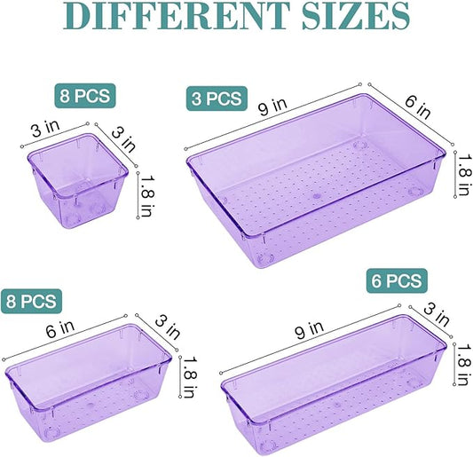 25 PCS Drawer Organizer Set, 4 Varied Size Bathroom and kitchen Drawer cabinet organizer Trays, Clear Storage Bins for Makeup, Jewelry, Utensils and Gadgets， Purple