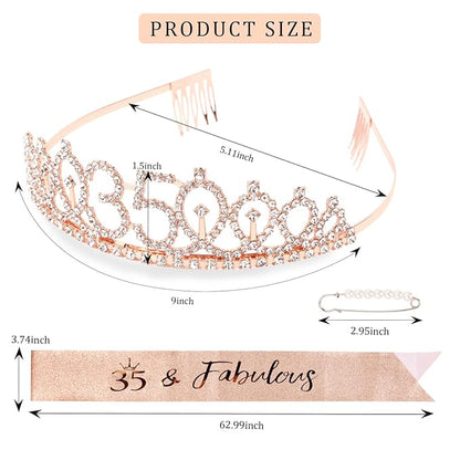CIEHER 35th Birthday Crown & Sash Set + Tiara, Fabulous 35th Decorations & Gifts