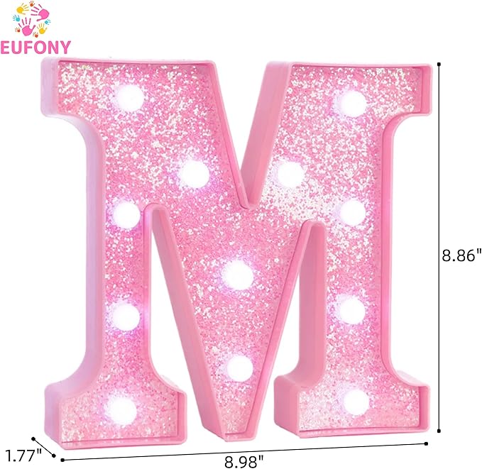 Pink LED Marquee Light Up Letters, Glitter Alphabet Letter Lights for Birthday Party Decorations, Battery Operated Letter Signs for Girls Room Table Decor, Pink letter M with Cool White Lights