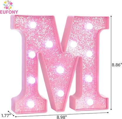 Pink LED Marquee Light Up Letters, Glitter Alphabet Letter Lights for Birthday Party Decorations, Battery Operated Letter Signs for Girls Room Table Decor, Pink letter M with Cool White Lights