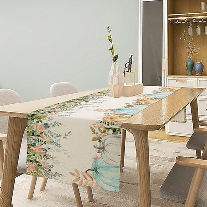 Fall Table Runner Blue Pumpkin Colorful Eucalyptus Leaves Thanksgiving Orange Green Watercolor Illustration Decor for Farmhouse Indoor Outdoor Party Holiday Dining Kitchen Restaurant Cafe W13xL60in