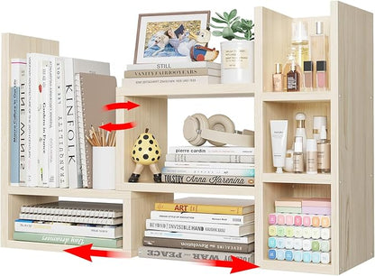 Desk Shelves Desktop Organizer Shlef - Natural Wood Tone Office Organization for Top of Desk Organizers and Accessories Corner Bookshelf Table Top Shelving Small Hutch Decorations for Office
