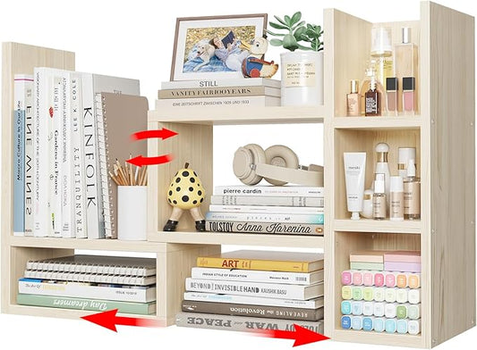 Desk Shelves Desktop Organizer Shlef - Natural Wood Tone Office Organization for Top of Desk Organizers and Accessories Corner Bookshelf Table Top Shelving Small Hutch Decorations for Office