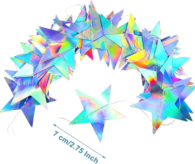 Patelai Glitter Star Garland Banner Christmas Decor 130 Feet Star Hanging Bunting Banner Twinkle Backdrop for Homecoming Classroom Wedding Birthday Halloween Party Supplies(Holographic Iridescent)