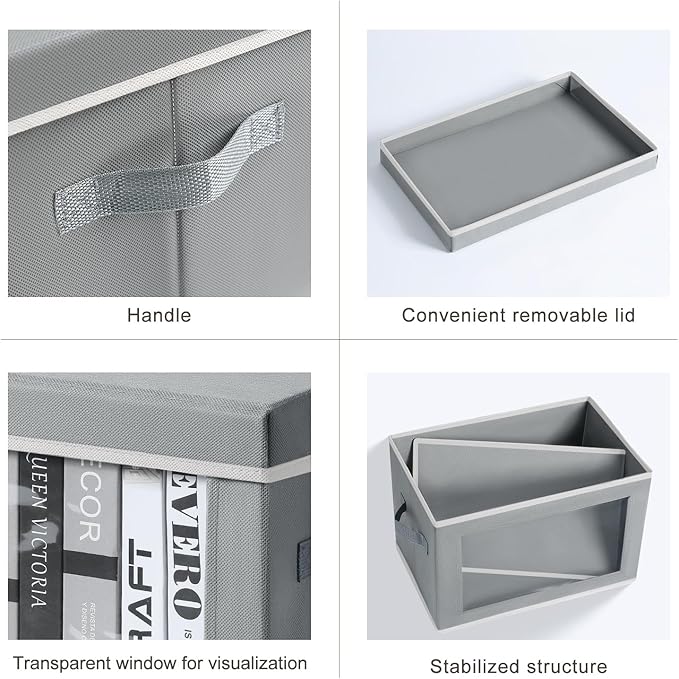 Large Storage Bins with Lids - Stackable Cube Bins for Closet, 4 Pack Clear Windows Fabric Organizer Bins, Home Organizers and Storage for Clothes, CD, Towels, Grey