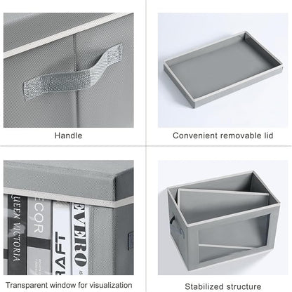 Storage Bins with Lids - Fabric Closet Storage Bins with Window, Collapsible Baskets for Shelves 4 Pack, Home Decorative Boxes for Clothes, Closet, Office, Grey