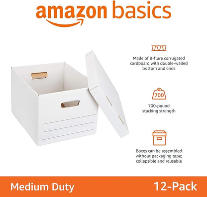 Amazon Basics Medium Duty Storage/Filing Boxes with Lid and Handles, Legal/Letter Size, 12-Pack, White, 16.2" L x 12.5" W x 10.5" H