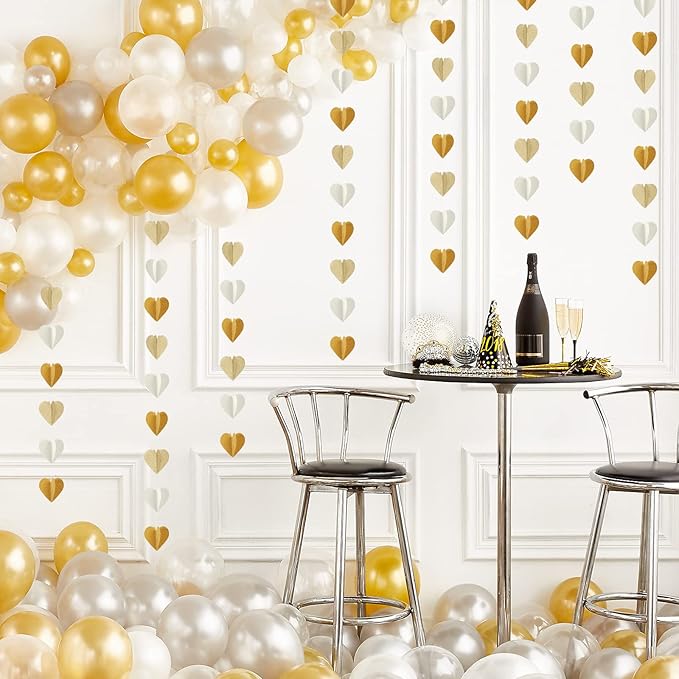 White-Gold Champagne Gold 3D-Heart Garland - 39Ft Christmas Wedding Engagement Hanging Decoration Streamers Banner,Bachelorette Neutral Baby Bridal Shower Valentines Party Decor Ouruola