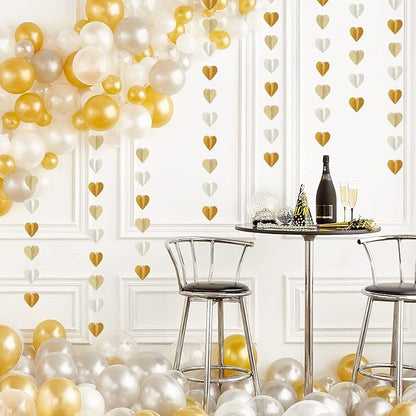 White-Gold Champagne Gold 3D-Heart Garland - 39Ft Christmas Wedding Engagement Hanging Decoration Streamers Banner,Bachelorette Neutral Baby Bridal Shower Valentines Party Decor Ouruola