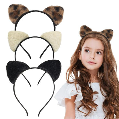 Animal Ear Headbands,3Pcs Plush Cat Ears Costume Headband Hair Band with Cat Ear Cute Ear Hair Accessories for Themed Events and Party Decoration (Brown,Beige,Black)