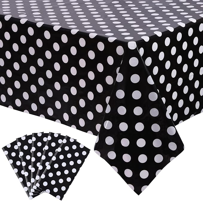 Kesfey 5 Packs Black and White Dots Table Cloth 54x108 Inch Black Polka Dot Mini Mouse Plastic Table Cloth Disposable Black Waterproof Picnic Table Covers for Rectangle Tables Halloween Birthday Party