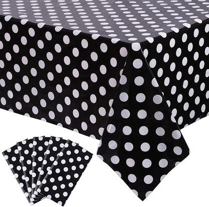 Kesfey 5 Packs Black and White Dots Table Cloth 54x108 Inch Black Polka Dot Mini Mouse Plastic Table Cloth Disposable Black Waterproof Picnic Table Covers for Rectangle Tables Halloween Birthday Party