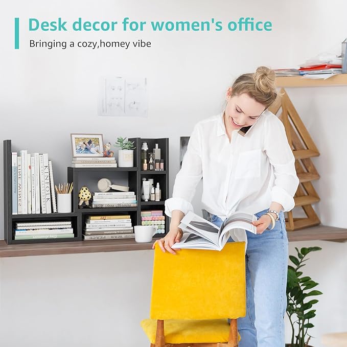 Desk Shelves Desktop Organizer Shlef - Black Office Organization for Top of Desk Organizers and Accessories Corner Bookshelf Table Top Shelving Small Hutch Decorations for Office