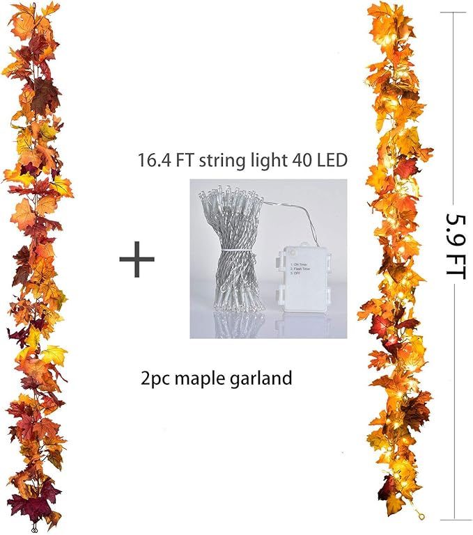 DearHouse 2 Pack Fall Maple Leaf Garland, 5.9Ft/Piece Hanging Vine With 16.4ft 40 Led String Light, Artificial Autumn Thanksgiving Decor for Home Wedding Fireplace Party