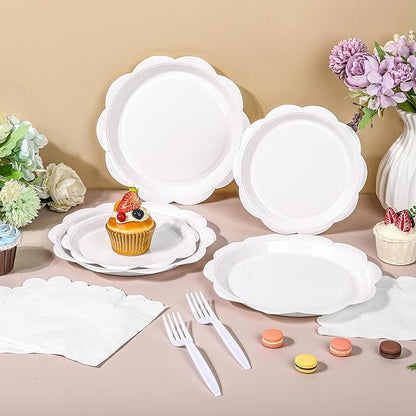 96 Pcs White Paper Plates and Napkins Set Party Supplies, Tableware set for 24 Guest include Disposable White Scalloped Plates, Napkins and Forks for Baby Shower Bridal Shower Wedding