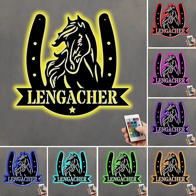 Personalized Name Horse Lamp Custom Wooden/Metal Horse Night Light Horse Wall Art LED Horse Light Farmhouse House Sign Horse Themed Gifts for Girl Birthday Christmas (LED Horse Sign)