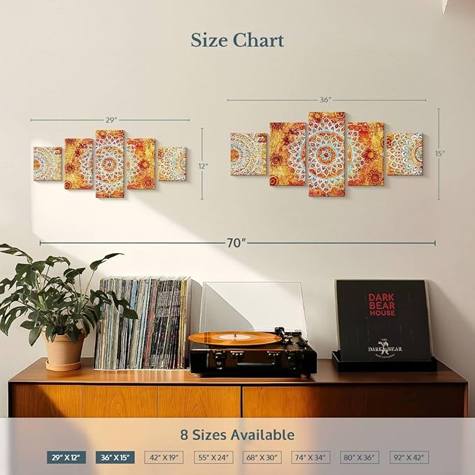 ElephantStock - Sun Like Mandala Symbols Wall Art - Horizontal Multi Panel Canvas - 5 Piece Living Room Wall Decor - Digital Art Elements Multi Piece Wall Art - Orange And Blue Decor - 29" x 12"