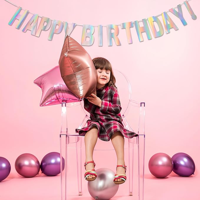 Holographic Happy Birthdays Banner - GREATRIL Pre-Strung No DIY Iridescent Birthdays Banner Bunting Colorful Signs for Birthdays Party Backdrop Decoration