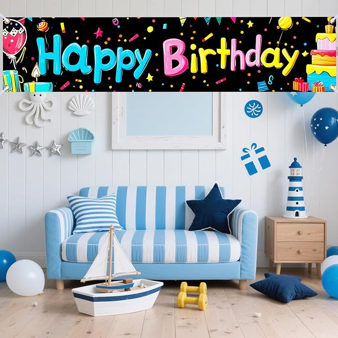 Nuxovilar Happy Birthday Banner Decorations 17.72x78.74 Inch Colorful Gifts Theme - Polyester for Indoor Outdoor Birthday Party Decor