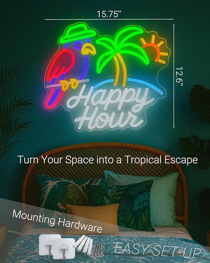 Happy Hour Dimmable Neon Sign 15.7”×12.6” with Parrot, Palm Tree & Sun, Tropical LED Wall Light for Tiki Bar, Home Bar, Beach Party Decor, USB Powered