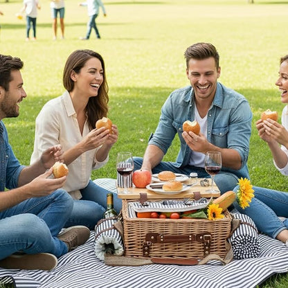 Multifunctional Wicker Picnic Basket Set for 4 with Blanket and Picnic Table, Insulated Picnic Set with Full Tablewares for Camping Outdoor Couples, Stripes