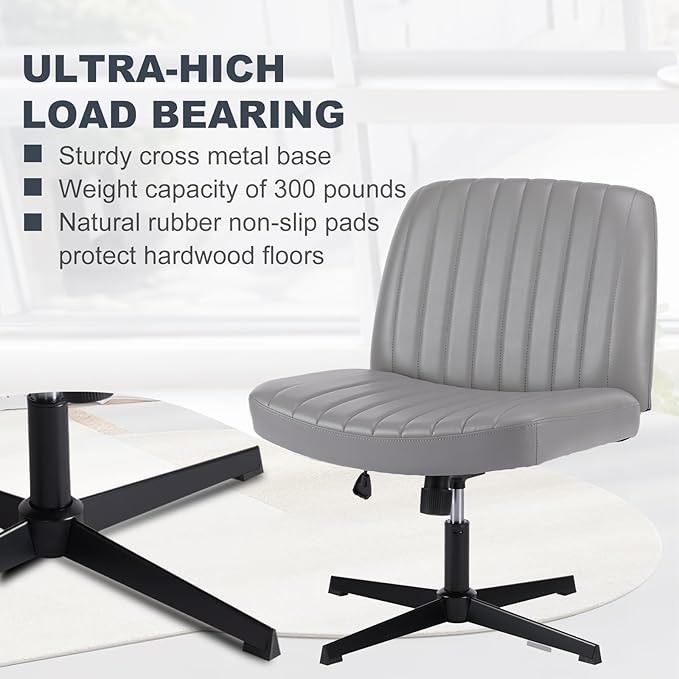 OLIXIS Criss Cross Legged Chairs Armless No Wheels Wide Seat Height Adjustable Swivel Padded PU Leather Home Office Desk Chair for Bedroom, Student, Study Room,Grey