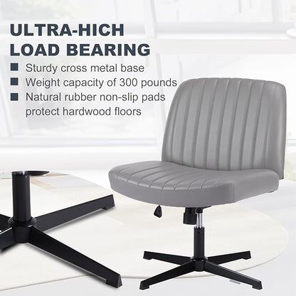 OLIXIS Criss Cross Legged Chairs Armless No Wheels Wide Seat Height Adjustable Swivel Padded PU Leather Home Office Desk Chair for Bedroom, Student, Study Room,Grey