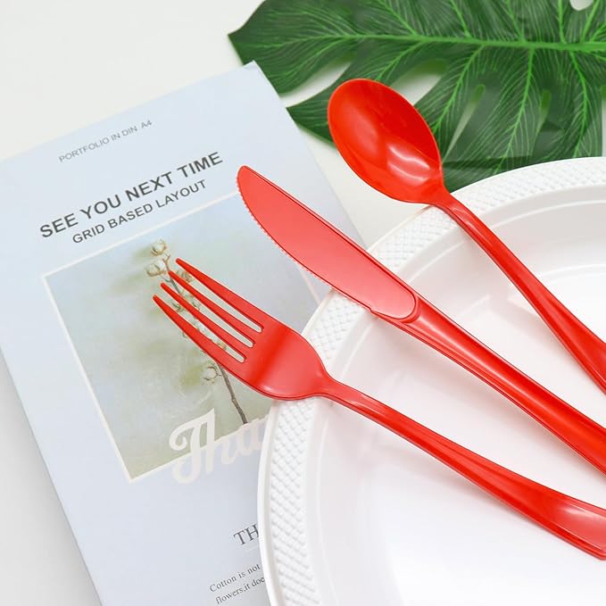150 Pack Red Plastic Silverware, Red Plastic Utensils, Disposable Cutlery Heavy Duty, 50 Forks, 50 Spoons, 50 Knives for Birthday, Graduation Party, Flag Day, 4th of July