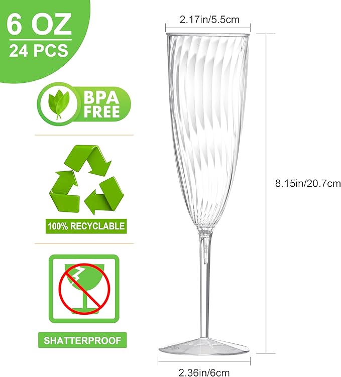 24Pcs Plastic Champagne Flutes,6 Oz Clear Champagne Glasses,Disposable Wine Glasses for Party Wedding Banquet Family Holiday Picnic Cocktail Mimosa Bars Engagements Thanksgiving Christmas Toasting