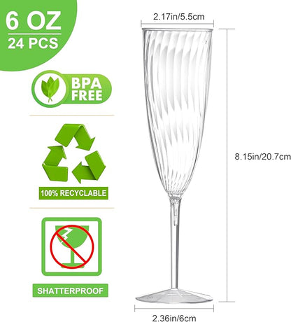 24Pcs Plastic Champagne Flutes,6 Oz Clear Champagne Glasses,Disposable Wine Glasses for Party Wedding Banquet Family Holiday Picnic Cocktail Mimosa Bars Engagements Thanksgiving Christmas Toasting