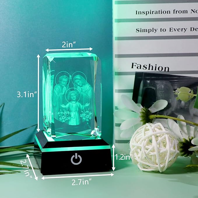 Movdyka 3D Crystal Jesus Figurine Religious Gifts for Women Men Christian Laser Engrave Holy Family Religious Christmas Ornaments Decorations with Colorful LED Base