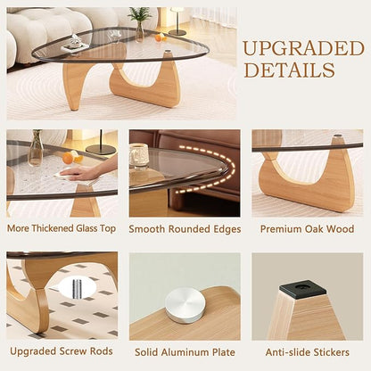 Coffee Table for Living Room Mid Century Modern Center Small Table with Glass Top and Wood, Original Transparent(36 Inch)
