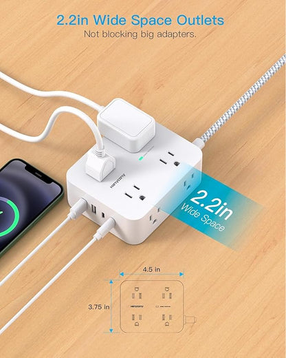 Extension Cord 15 Ft, HANYCONY 1080J Surge Protector Power Strip Long Cord with 8 AC Outlets and 4 USB Ports (2 USB-C), Wall Mount, Desk Charging Station for Home Office College Dorm Room Essentials