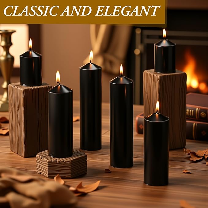 MTLEE 6 Pcs Pillar Candles 3 Set 2 in x 3, 6, 8 Inch Smokeless Dripless Unscented Pillar Candles Long Clean Burning Wax for Wedding Dinner Party Spa Emergency Ceremony Home Decor (Black)