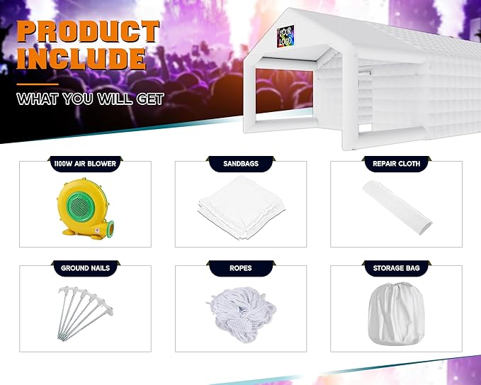SPECRAFT 39x20x14 FT Large Inflatable Nightclub Tent for Adults with Pavilion Rest Area, Black Inflatable Night Club Gazebo with 2 Side Doors & Logo Area for Wedding, Birthday, Backyard Events, White