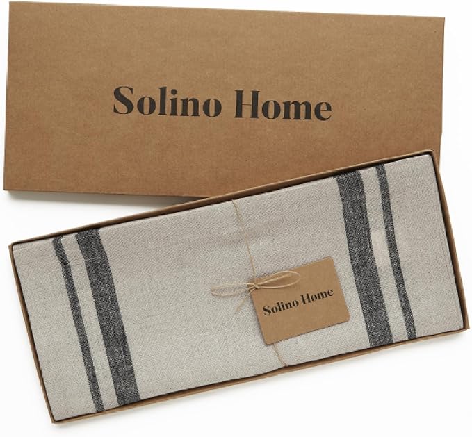 Solino Home Linen Table Runner 90 Inches Long - French Stripe, 100% Pure Linen Black and Natural Farmhouse Table Runner 14 x 90 Inch Ideal for Dining, Fall, Autumn, Holiday