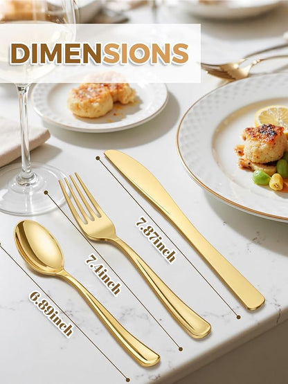 WDF 180 Pieces Disposable Plastic Gold Silverware Cutlery - Disposable Flatware Set 60 Forks, 60 Knives and 60 Spoons - Heavy Duty Gold Plastic Cutlery - Utensils for Wedding, Thanksgiving, Christmas