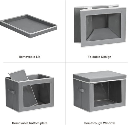 Storage Bins with Lids, 4 Pack Large Storage Cubes with Window, Closet Bins with Lids & Handles, Fabric Box for Organizing Clothes, Towels, Books, Grey