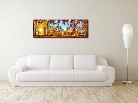 Pyradecor Large Autumn Sunset Forest Canvas Prints Wall Art Golden Nature Landscape Artwork Pictures Paintings for Living Room Bedroom Home Decorations
