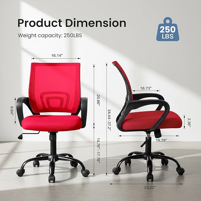DUMOS Home Office Chair - Ergonomic Mid Back Mesh Desk Chair with Lumbar Support & Rocking Mode, Height Adjustable with Fixed Armrest, for Computer, Gaming, Meeting, Red, 2 Pack