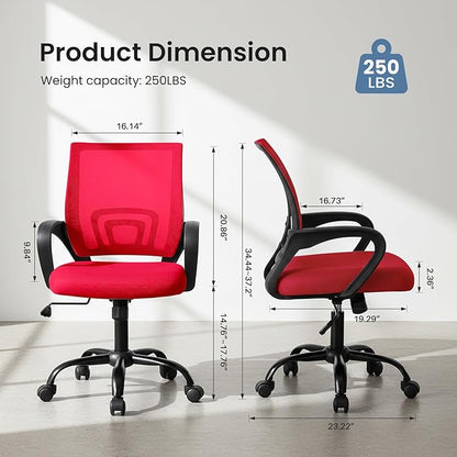 DUMOS Home Office Chair - Ergonomic Mid Back Mesh Desk Chair with Lumbar Support & Rocking Mode, Height Adjustable with Fixed Armrest, for Computer, Gaming, Meeting, Red, 2 Pack