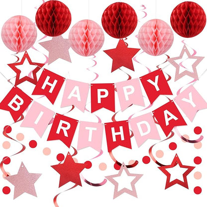 meowtastic Birthday Decorations, Happy Birthday Banner with Honeycomb Balls, Stars Hanging Swirl Streamers, Circle Dots Garland, Happy Birthday Party Decorations for Women Men Boys Girls (Red)