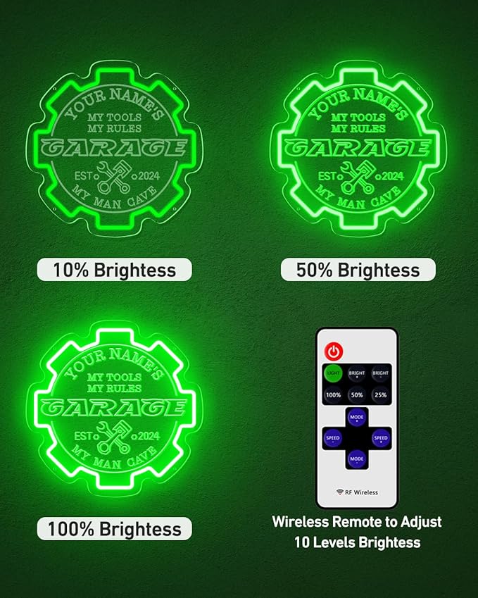 Custom Garage Neon sign for Wall Decor with Timing Remote, Personalized Gear Garage LED Neon Light for Man Cave, Home Bar, Workshop, Son Dad Birthday Gift GREEN