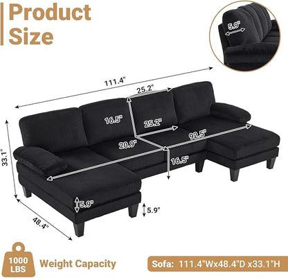 VINGLI 110" Sectional Couches for Living Room,U Shaped Couch with Double Chaise, 4-Seat Sofa Set with Corduroy Fabric for Home Furniture,Black