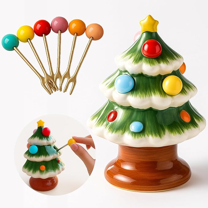 Christmas Fruit Fork Set with Jar- 6pcs Christmas Forks Xmas Creative Tableware Stainless Steel Forks for Fruit Cake Dessert Fork Xmas Decoration Gift for Hostess Instagram-Ready Tableware