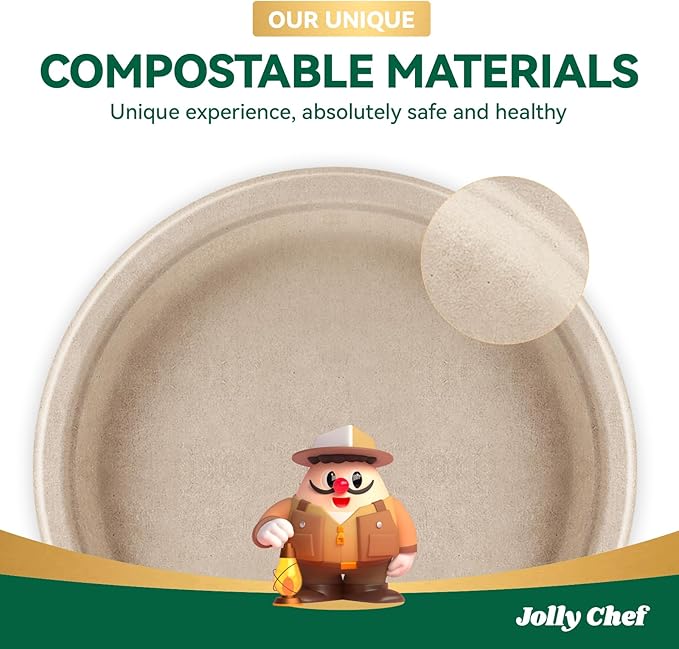 JOLLY CHEF Compostable Heavy Duty Plates 𝟭𝟬 𝗜𝗻𝗰𝗵 [𝟭𝟮𝟱 𝗣𝗮𝗰𝗸] Eco-Friendly Disposable Paper Plates Made of Bagasse Biodegradable Bulk for Party Dinner Sugarcane Lunch Christmas (Natural)
